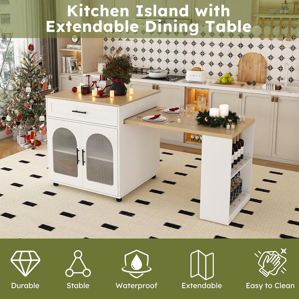 80" Kitchen Island with Extendable Dining Table, Marble-Grain Countertop...