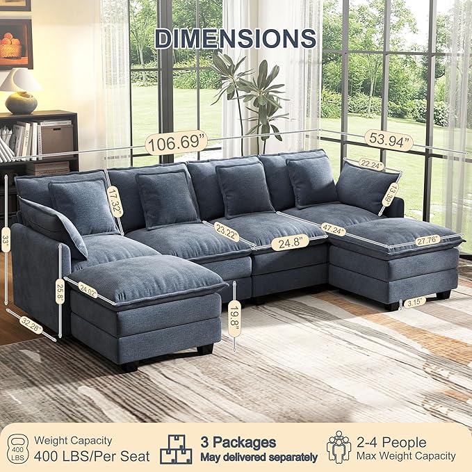 107" Cloud Couch Sectional, U Shaped Modular Sectional Sofa, 4-Seat Deep Seat Couch with 6 Removable Washable Pillows and 2 Ottoman for Living Room, Bedroom, Apartment, Blue