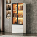 Modern White Lighted Glass Display Cabinet with Two Drawers, Dining China Hutch with 3 Tiers Storage Shelves, Wooden Curio Display Showcase for Living Room Kitchen (A-23'' Glass Cabinet)