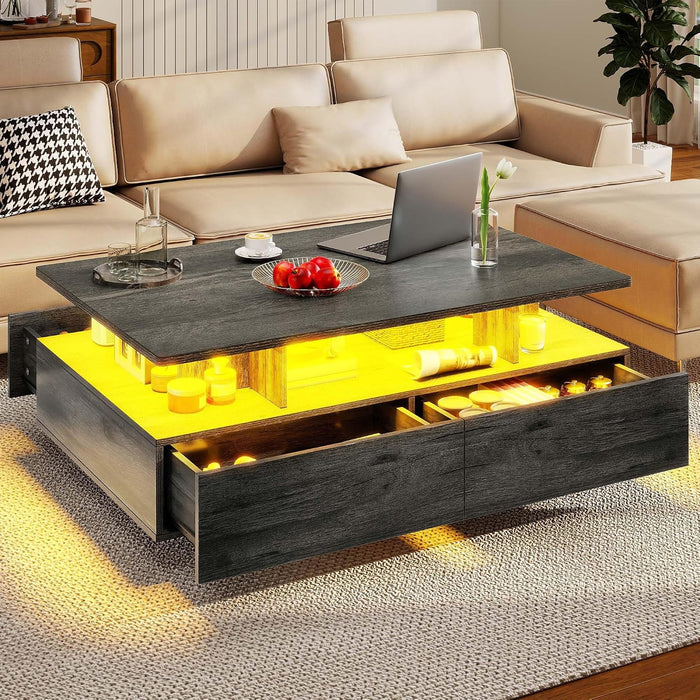 DWVO LED Coffee Table with 4 Drawers, High Glossy Center Table, Grey