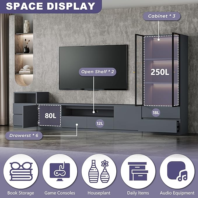 122" Grey Modern Entertainment Center for 65/75/85 inch TV, Included 78inch TV Stand, Lighted Glass China Cabinet and Nightstand, 3-Piece Media Console Table for Living Room (ABC-122 Cabinets Set)