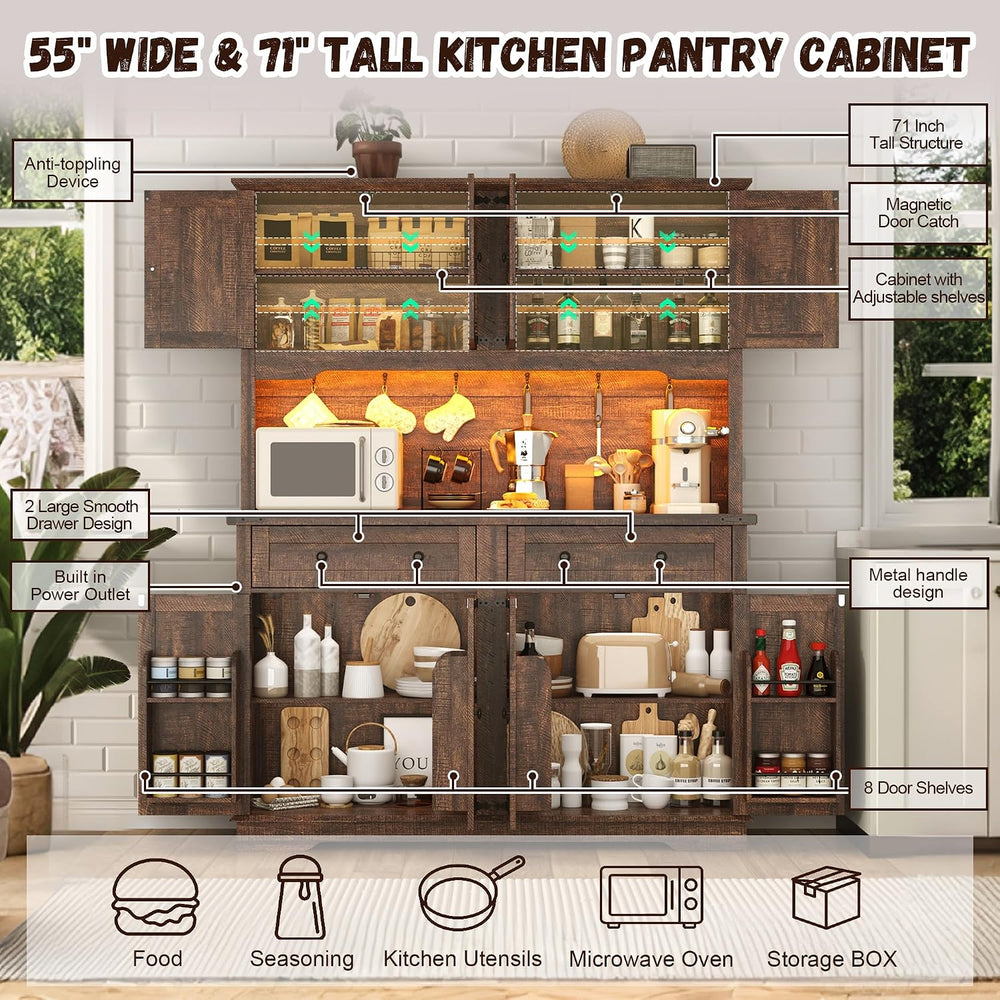 71" Tall Large Pantry Storage Cabinet w/Power Outlet,55" Wide Farmh...