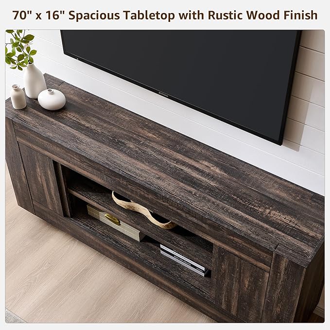 OKD Modern 70" TV Stand, Entertainment Center for TVs Up to 80", Media Console with Large Open Storage & Side Cabinets, Thick Wood Design for Living Room, Dark Rustic Oak