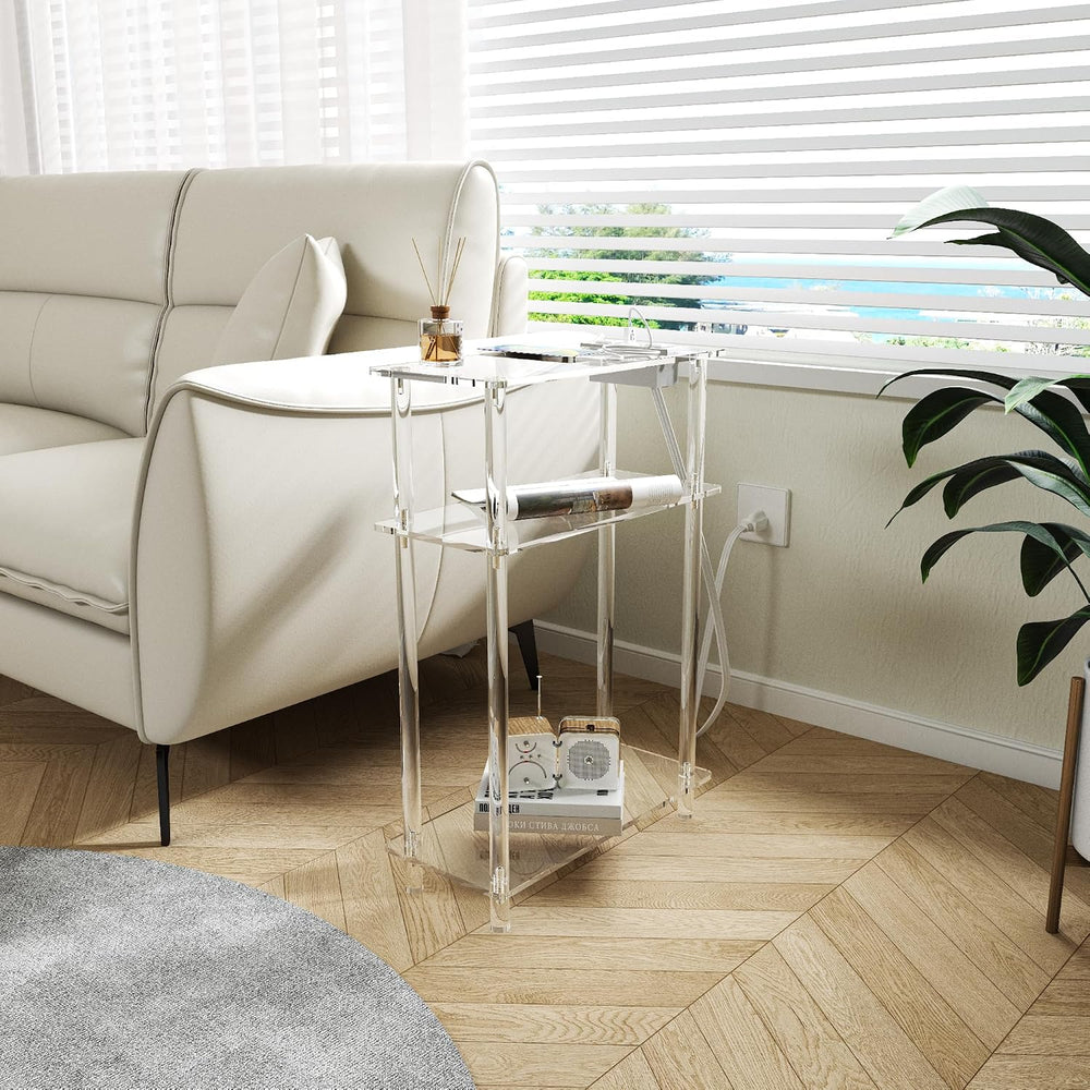 HMYHUM Acrylic Narrow Side Table with Charging Station, 7" Width, 3 Tier...