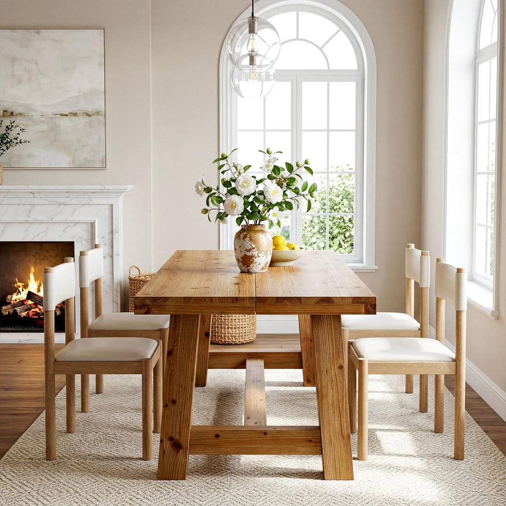 63-Inch Solid Wood Dining Table, Farmhouse Kitchen Table for 4-6 People, Rect...