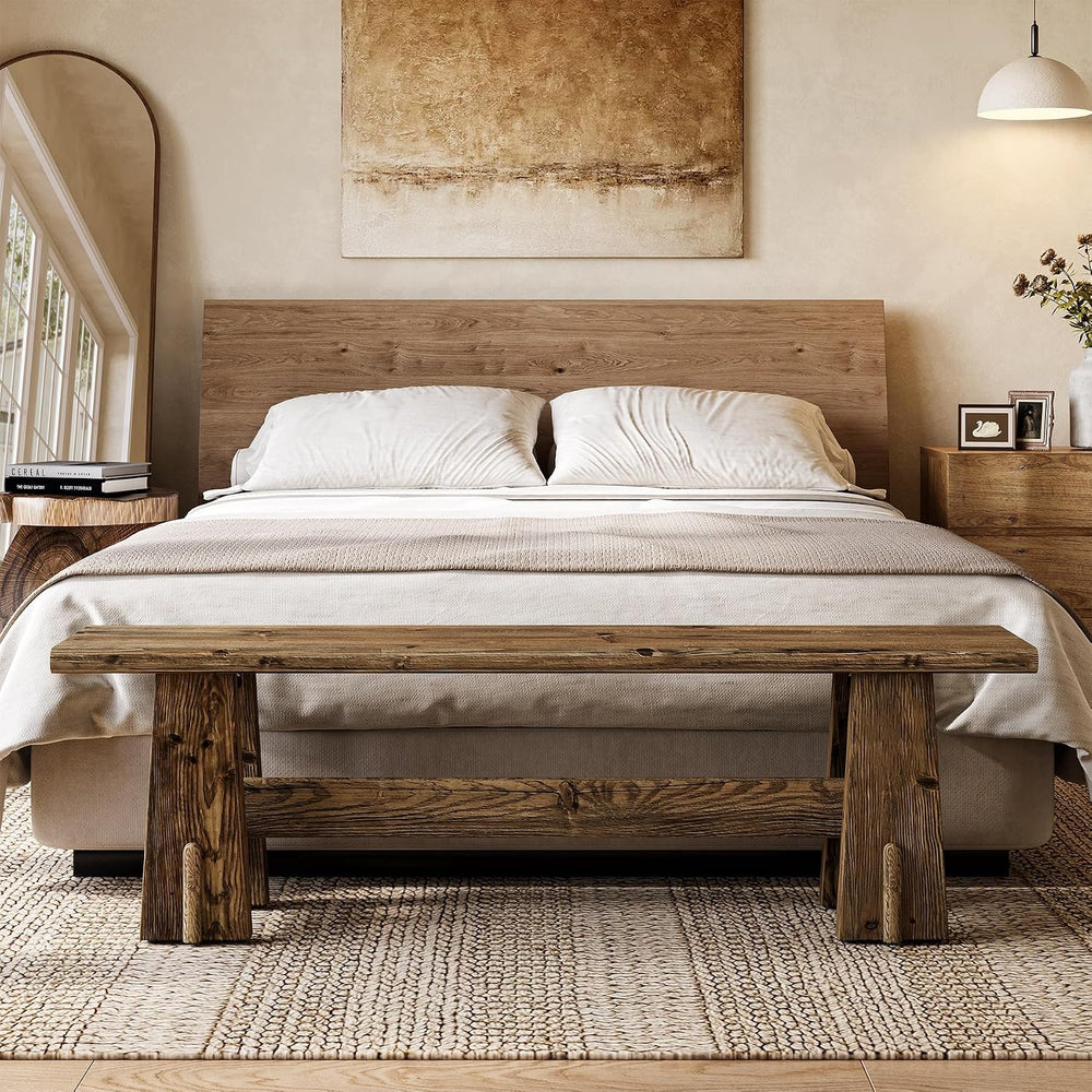 LITTLE TREE 59" Solid Wood Bench, Farmhouse Entryway Bench, Long Retro B...
