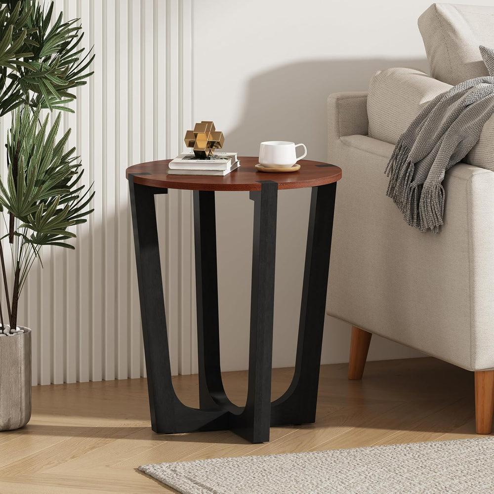 Round Wood Side End Table, Modern Industrial Accent Table with Curved Black M...