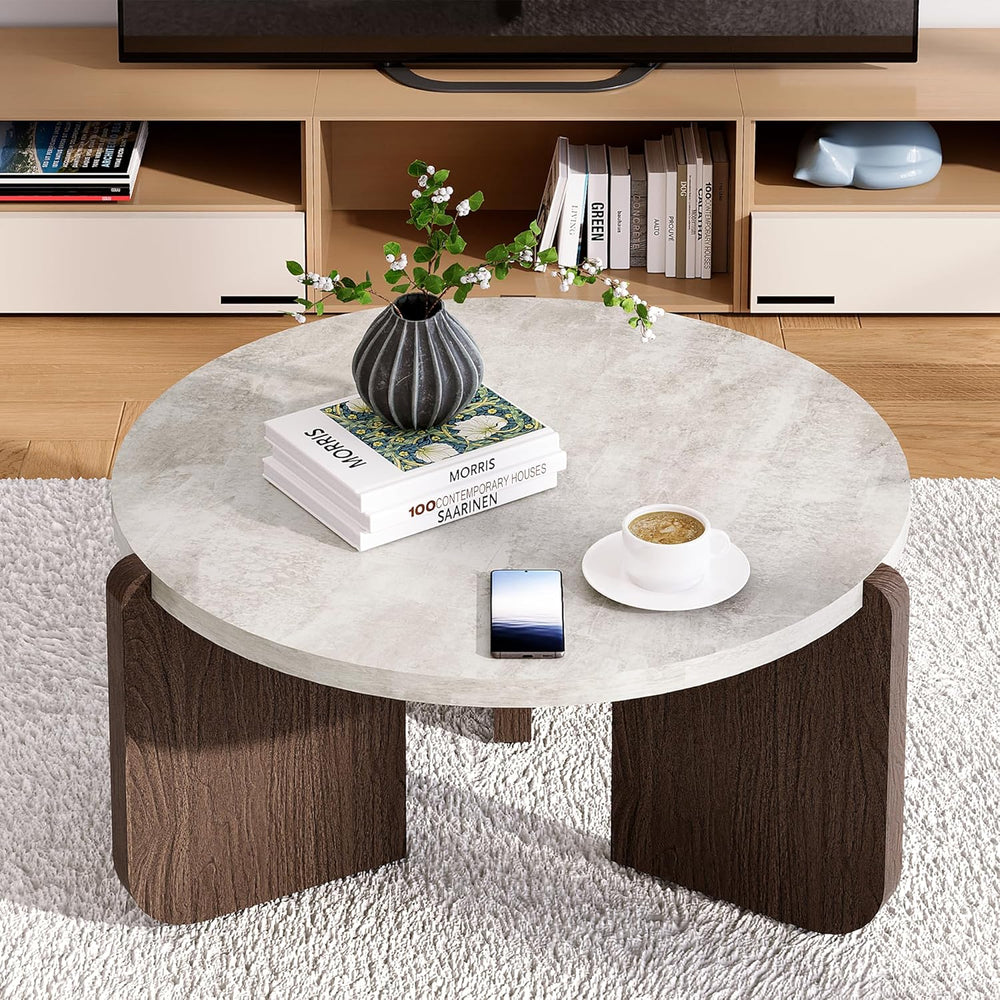 SUNBURY Modern Round Coffee Table with Sturdy Base, Wood Center Tables for Li...
