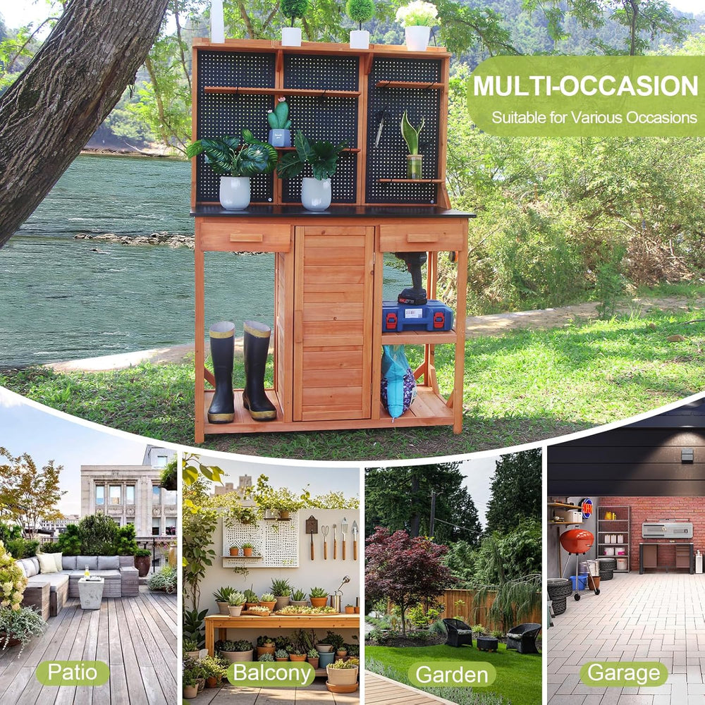 Outdoor Potting Bench,Wooden Potting Table with Metal Tabletop,Garden Work Be...