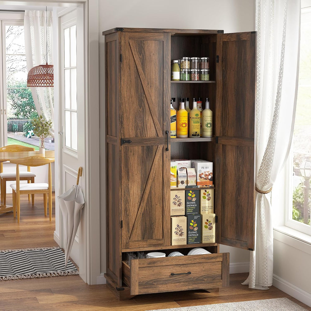 71" Farmhouse Kitchen Pantry Storage Cabinet with Drawer & 2 Barn Do...