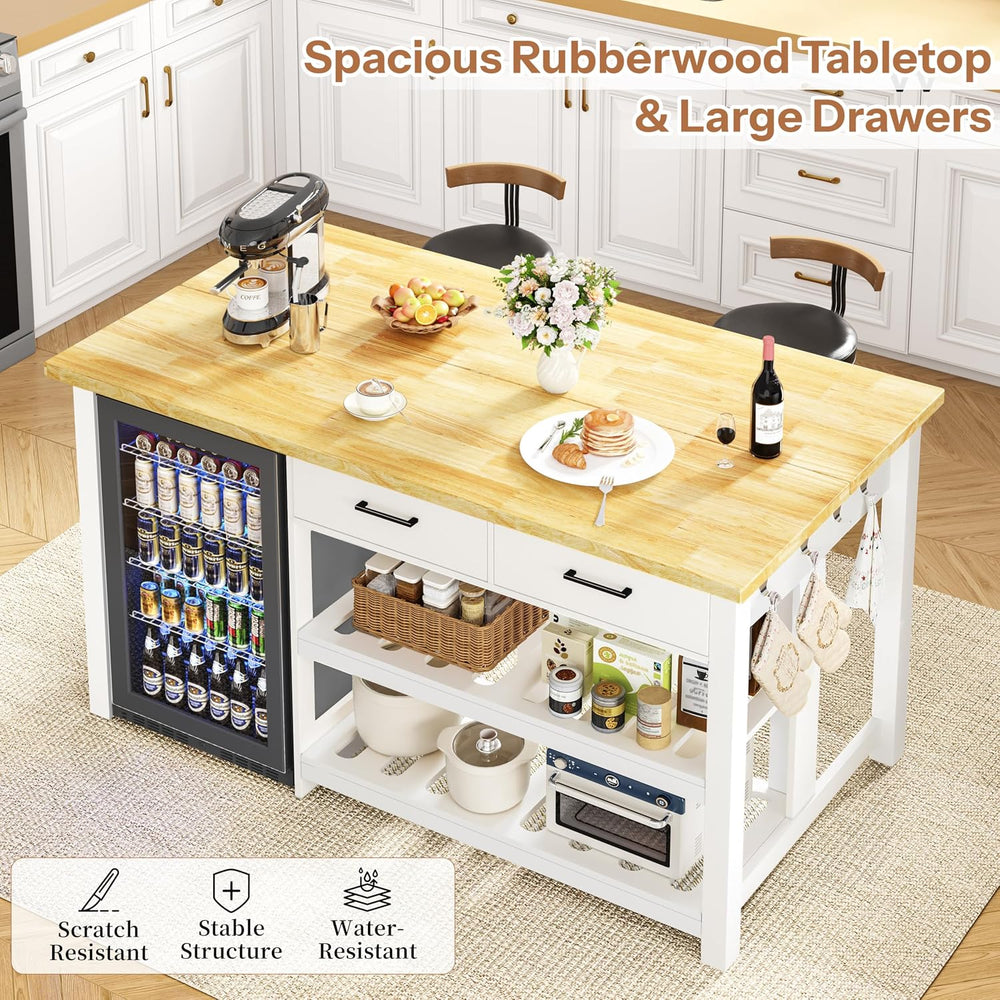 DynJest 60" Kitchen Island with Storage and Seating, Drawers, Hooks, Whi...