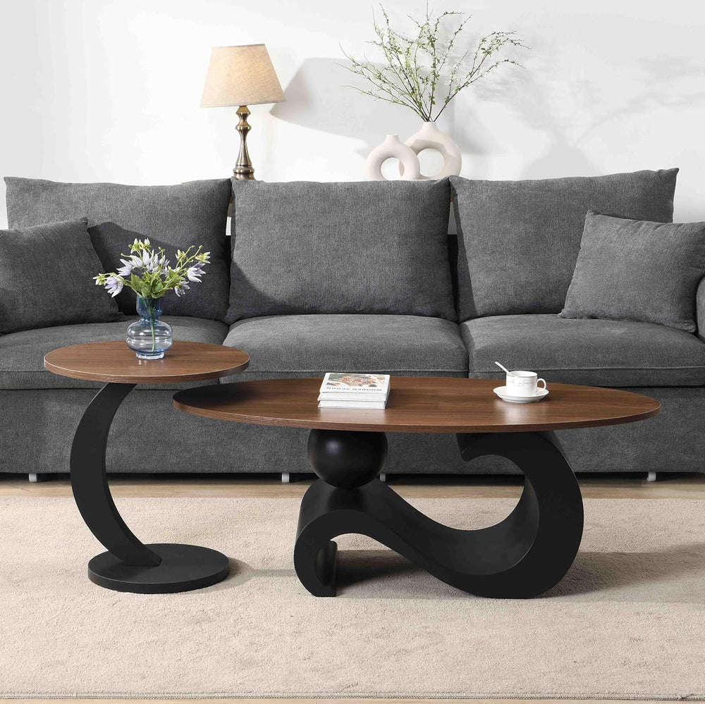 Henf Modern Nesting Coffee Table Set of 2 - Oval Table and Small Round End Ta...