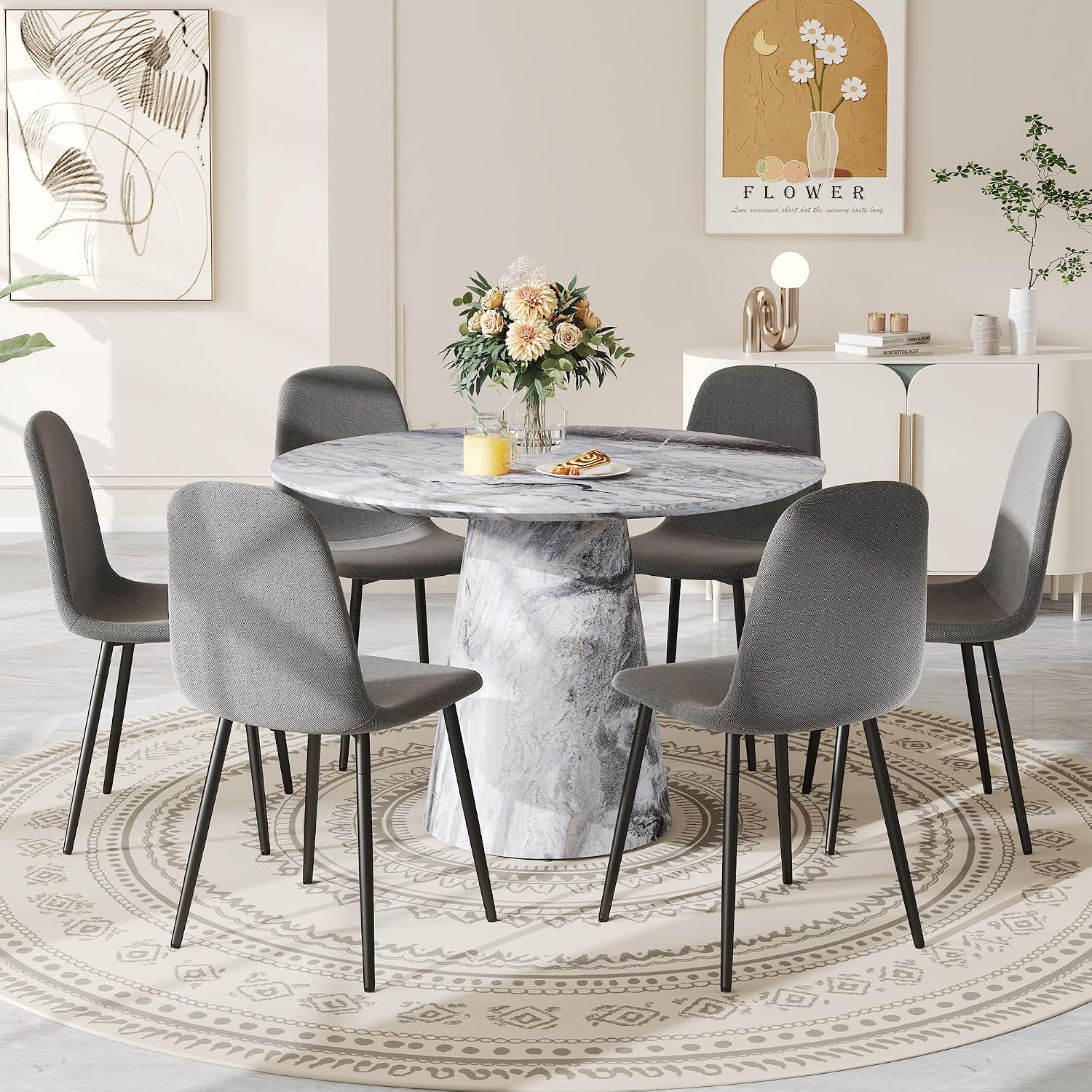 Round Dining Table Set for 6, 45" Modern Faux Marble Kitchen Table and Upholstered Chairs, 7 Piece Circle Dinner Set for Dining Room, Kitchen (Marble Gray Set)