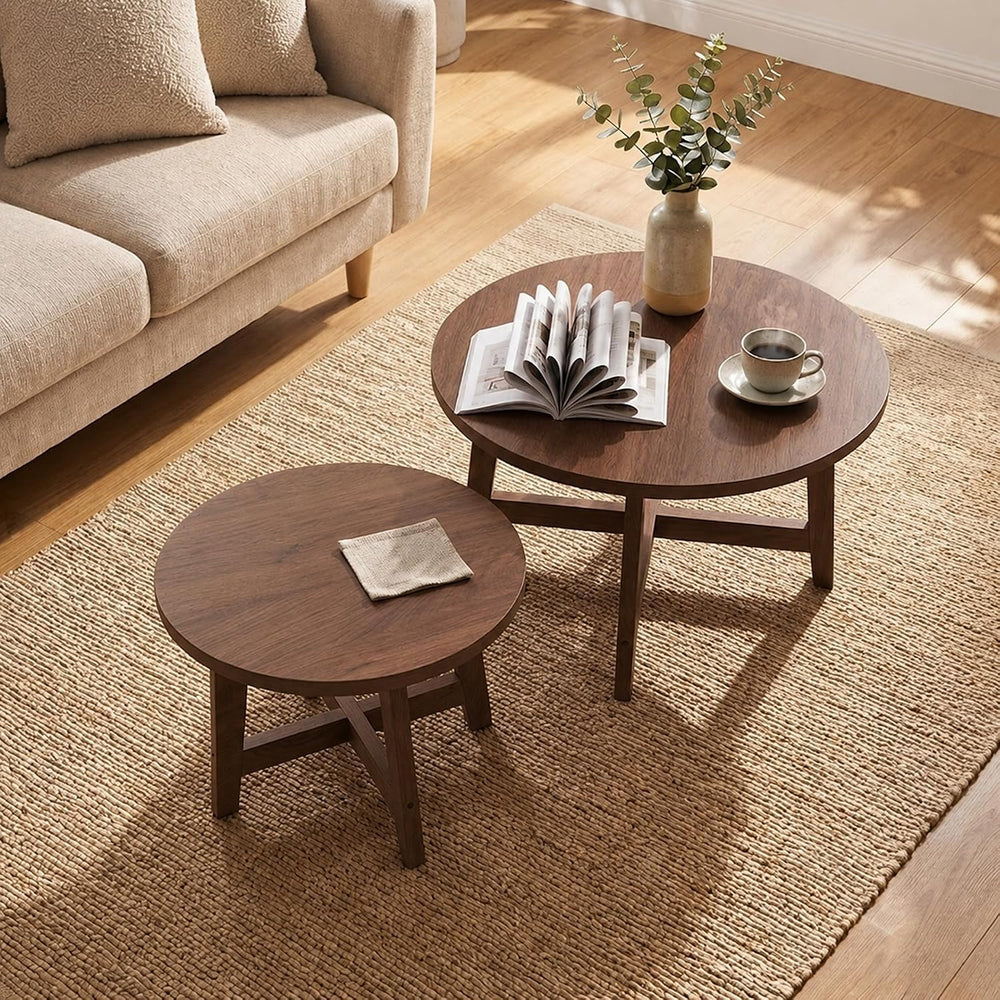 47.2" Round Nesting Coffee Table Set of 2 Walnut Wood Grain Center Table...