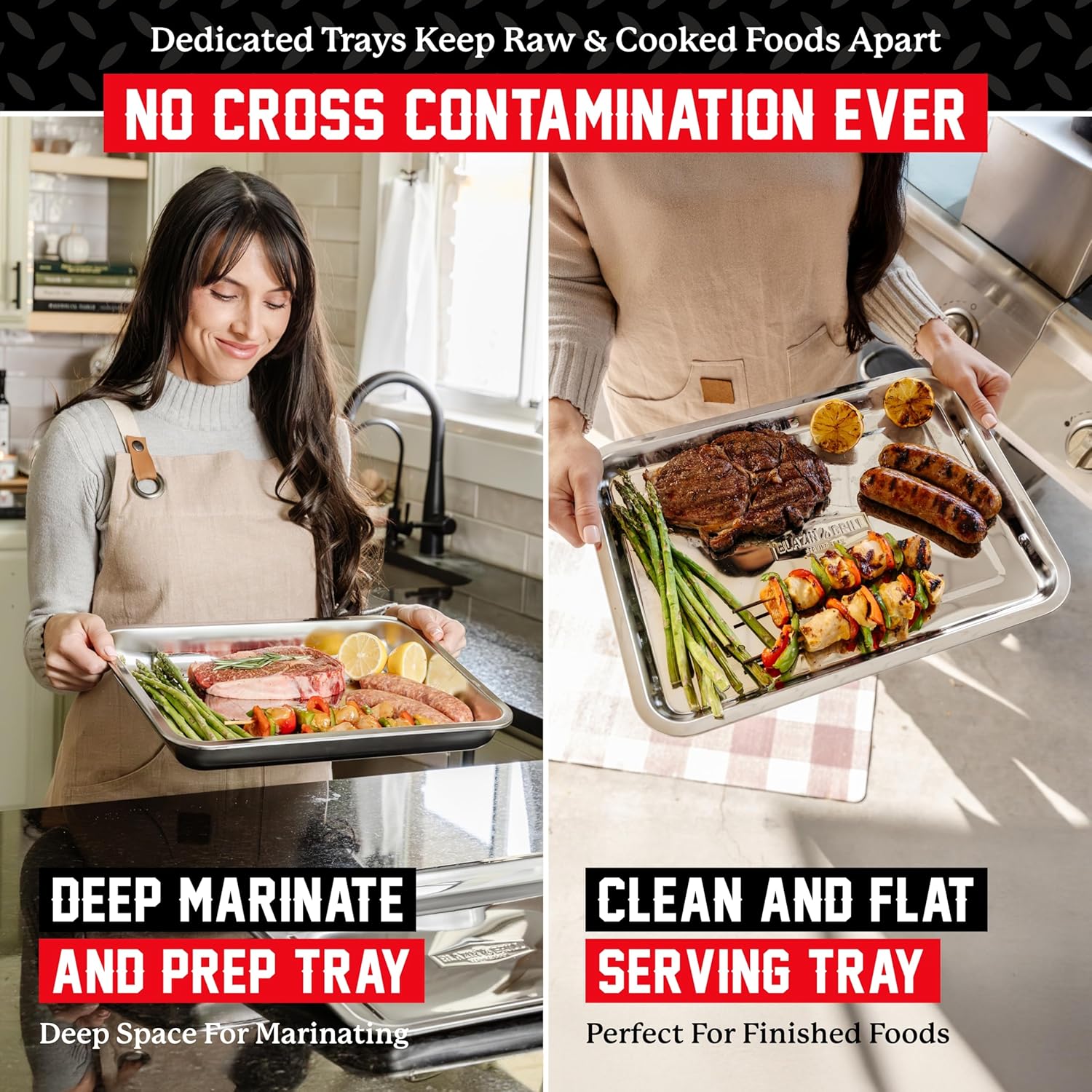 BLAZIN' GRILL Prep and Serving Trays | Set of 2 Stackable, Stainless Steel BBQ Grill Trays | Serving Platter for Marinating, Serving & Chopping | Grill Accessories for Plating Food & BBQ Prep Tub |