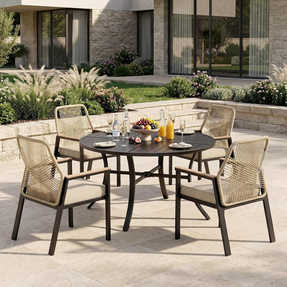 MIXPATIO 5pc Patio Dining Set, 42" Round Metal Table, 4 Rattan Chairs