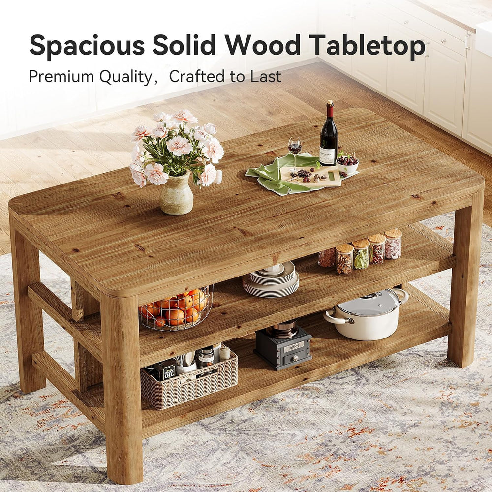63" Solid Wood Kitchen Island with Storage Shelves, Easy Assembly | Farm...