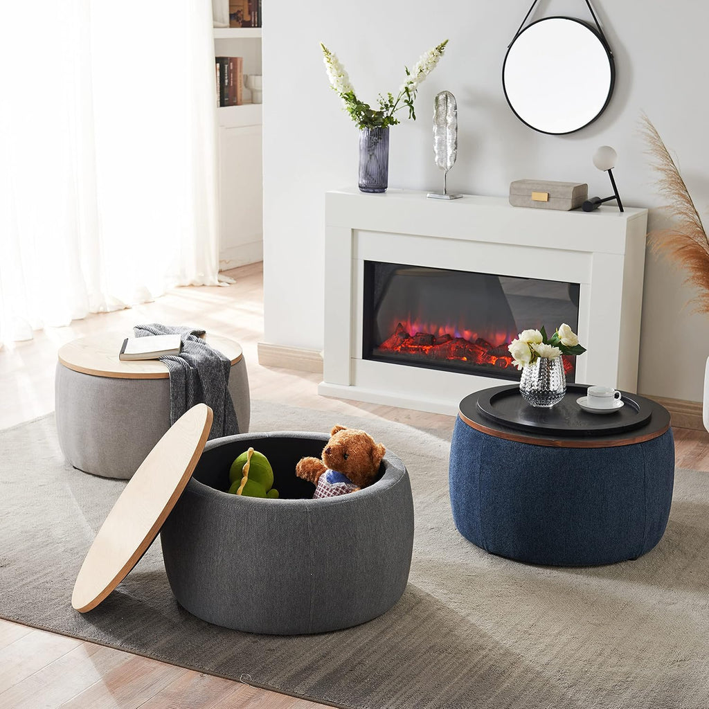 Modern Round Storage Ottoman with Wooden Top,Handmade Luxury Pleated Circle Fabric Storage Ottoman Coffee Table,End Table & Footstool for Living Room（Navy Blue）