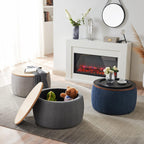 Modern Round Storage Ottoman with Wooden Top,Handmade Luxury Pleated Circle Fabric Storage Ottoman Coffee Table,End Table & Footstool for Living Room（Navy Blue）