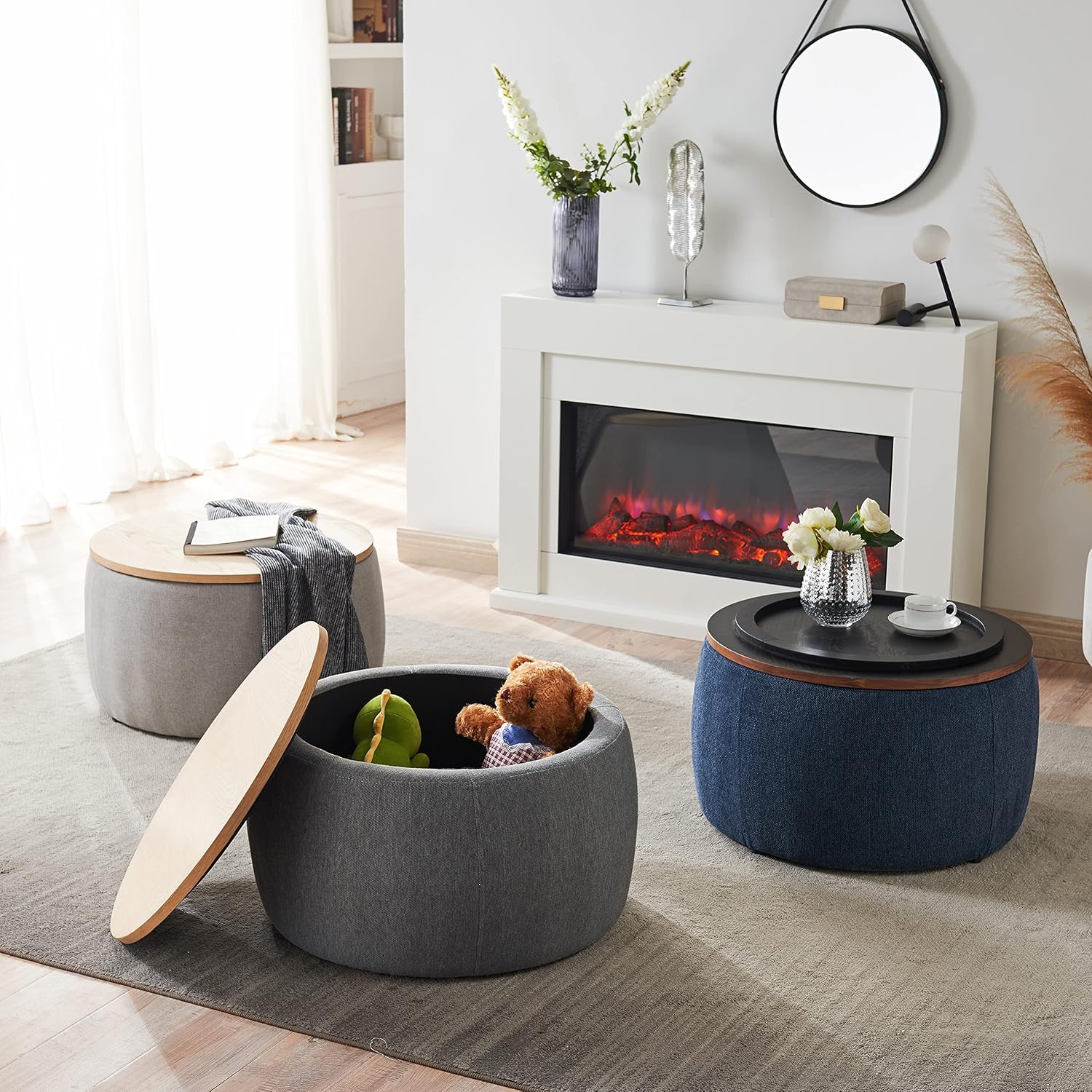 Modern Round Storage Ottoman with Wooden Top,Handmade Luxury Pleated Circle Fabric Storage Ottoman Coffee Table,End Table & Footstool for Living Room（Navy Blue）