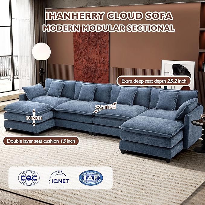 Ihanherry 146" U-Shaped Modern Sofa Modular Sectional Cloud Couch with 2 Ottoman, 6-Seat Chenille Deep Seat Sofa with 6 Pillows for Living Room, Bedroom and Apartment, Blue