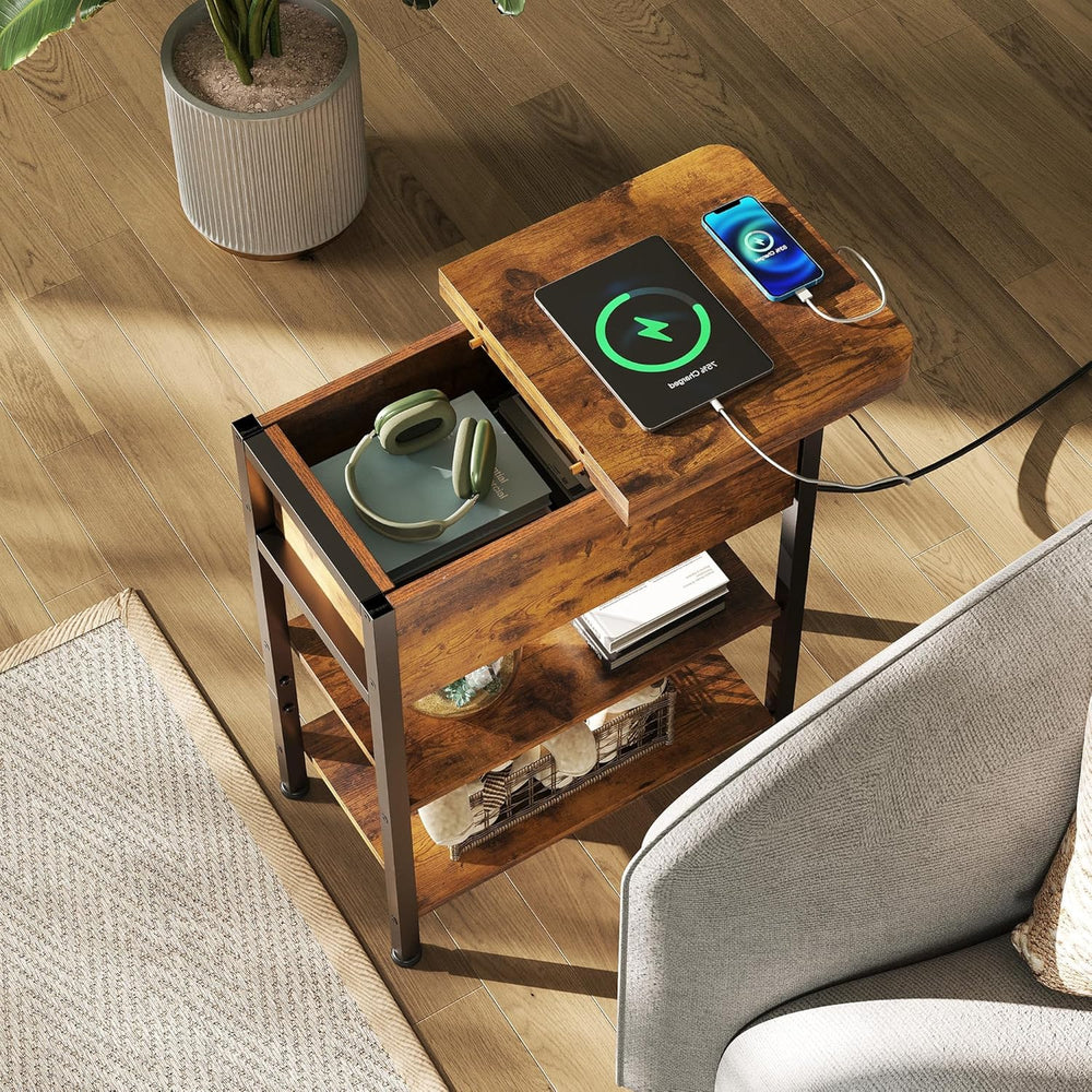 WLIVE End Table with Charging Station, Flip Top Narrow Side Table with Storag...