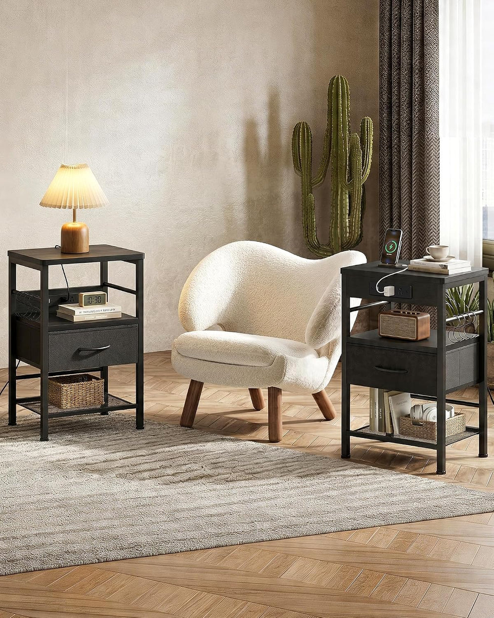 Lazzanto Nightstands Set of 2 with Charging Station, Black Night Stand | 1 Fa...