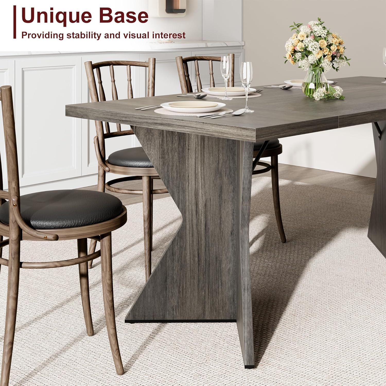 GarveeHome 70.9'' Dining Table for 6, Farmhouse Rectangular Kichen Table with Sturdy Frame and “V” Leg, Wooden Thickened Long Desk and Dinner Desk for Dining Room, Kitchen, Office, Game Room(Grey)
