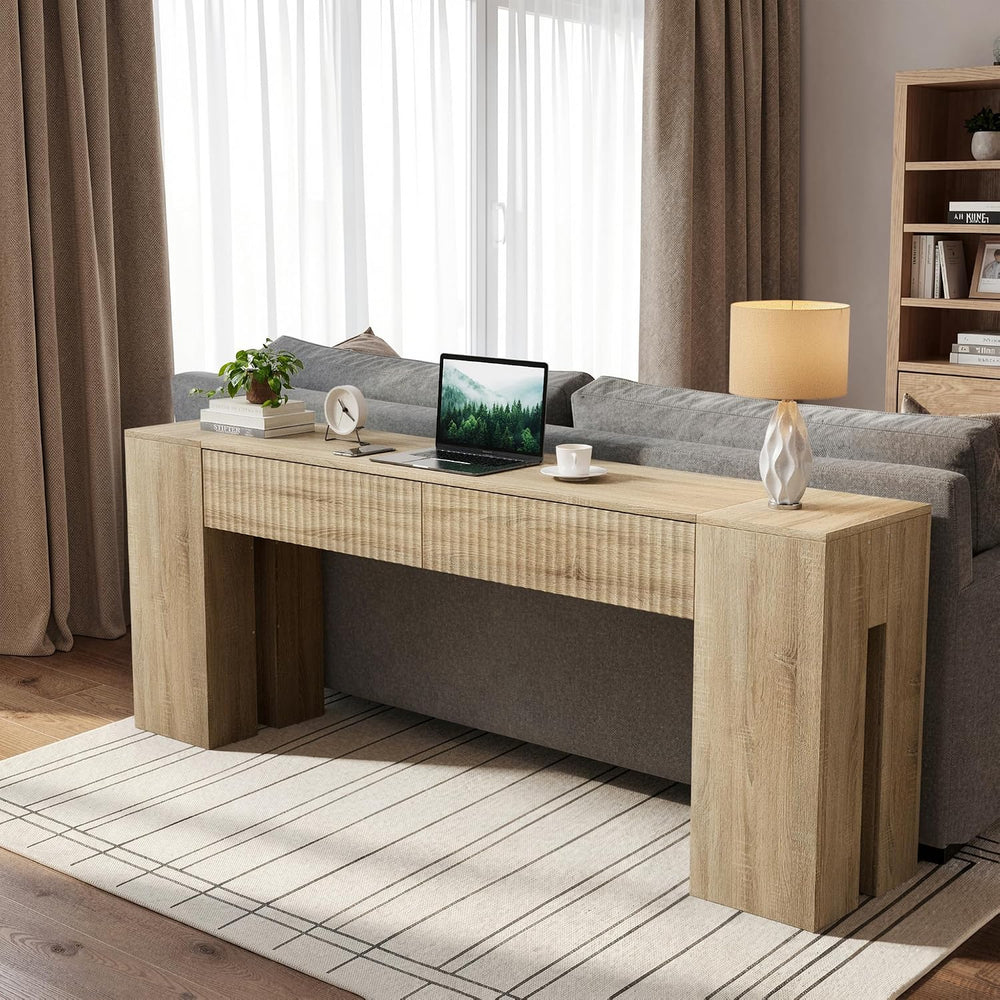 PAKASEPT 82.6 Inch Console Table with RGB LED Lights, Fluted Wood Entryway Ta...