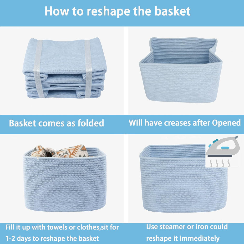 XUANGUO Woven Cotton Rope Storage Baskets 15x10x9.3" 3 Pack Light Blue | Decorative rectangular storage baskets for shelves and closets; storage bins organize clothes, toys, books and nursery items.