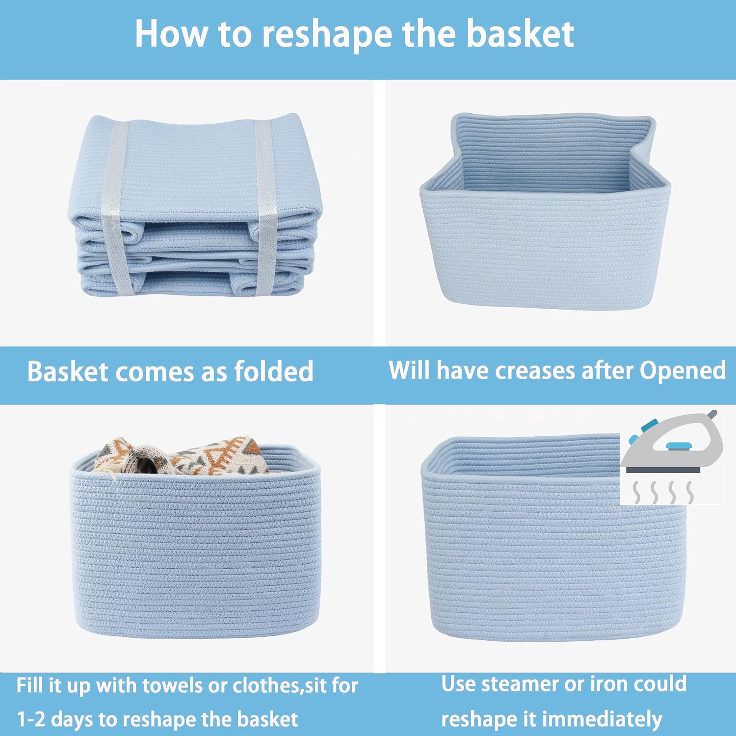 XUANGUO Woven Cotton Rope Storage Baskets 15x10x9.3" 3 Pack Light Blue | Decorative rectangular storage baskets for shelves and closets; storage bins organize clothes, toys, books and nursery items.