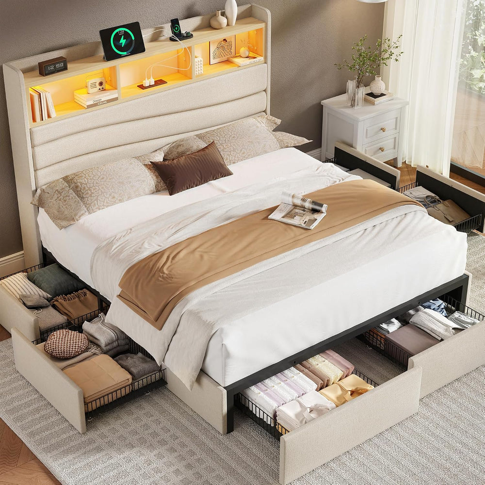 BRELTAM Queen Size Bed Frame with 6 Storage Drawers, Linen Upholstered Platfo...