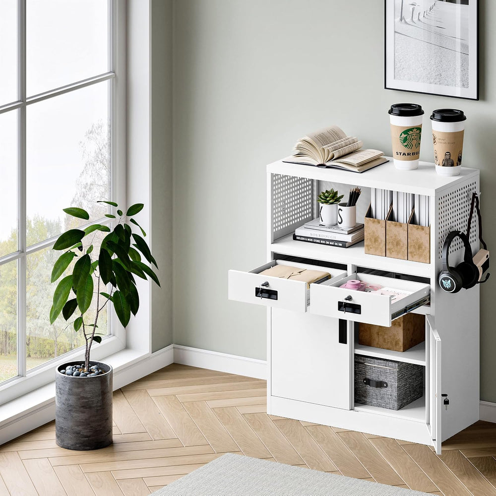 Yizosh Locking Cabinet with 2 Drawers, Metal Storage Cabinet with Locking Doo...