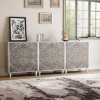 COSIEST Set of 3 32" Buffet Sideboard Cabinets with Storage, Accent Cabinet with Push-to-Open Doors, Vintage Flower Carved Pinewood Doors, Entryway Console for Living Room, Kitchen, Hallway, Gray