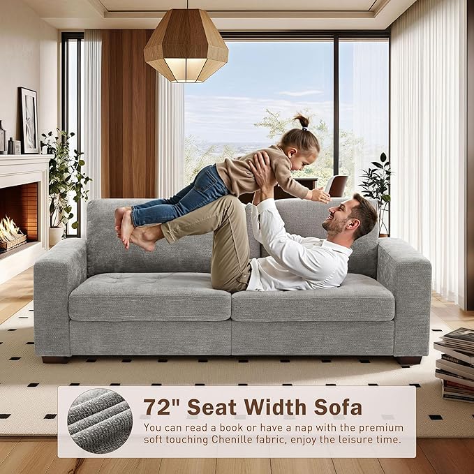 Hanherry Couch for Living Room, Modern Comfy Sofa with Medium Firm Seat Cushion, Removable Cover,Wide Armrest,USB/Type-C Port,Chenille Fabric Couches for Small Space,Apartment (Gray, 89 inch)