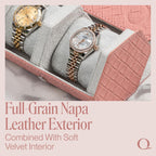 QWATCHBANDS Ladies Leather Watch Rolls for Women - Hexagon Triple Watch Roll Travel Case for 3 Watches - Storage Organizer Genuine Leather with Velvet Interior Display (Woven Pink/Gray)