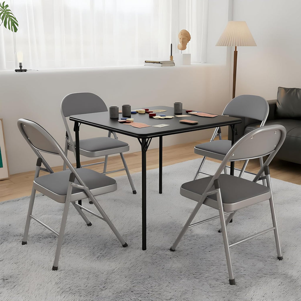 VECELO 5-Piece Folding Card Table Square and Chair Set with Collapsible Legs & Vinyl Upholstery,Portable for Indoor & Outdoor, Black & Dark Grey