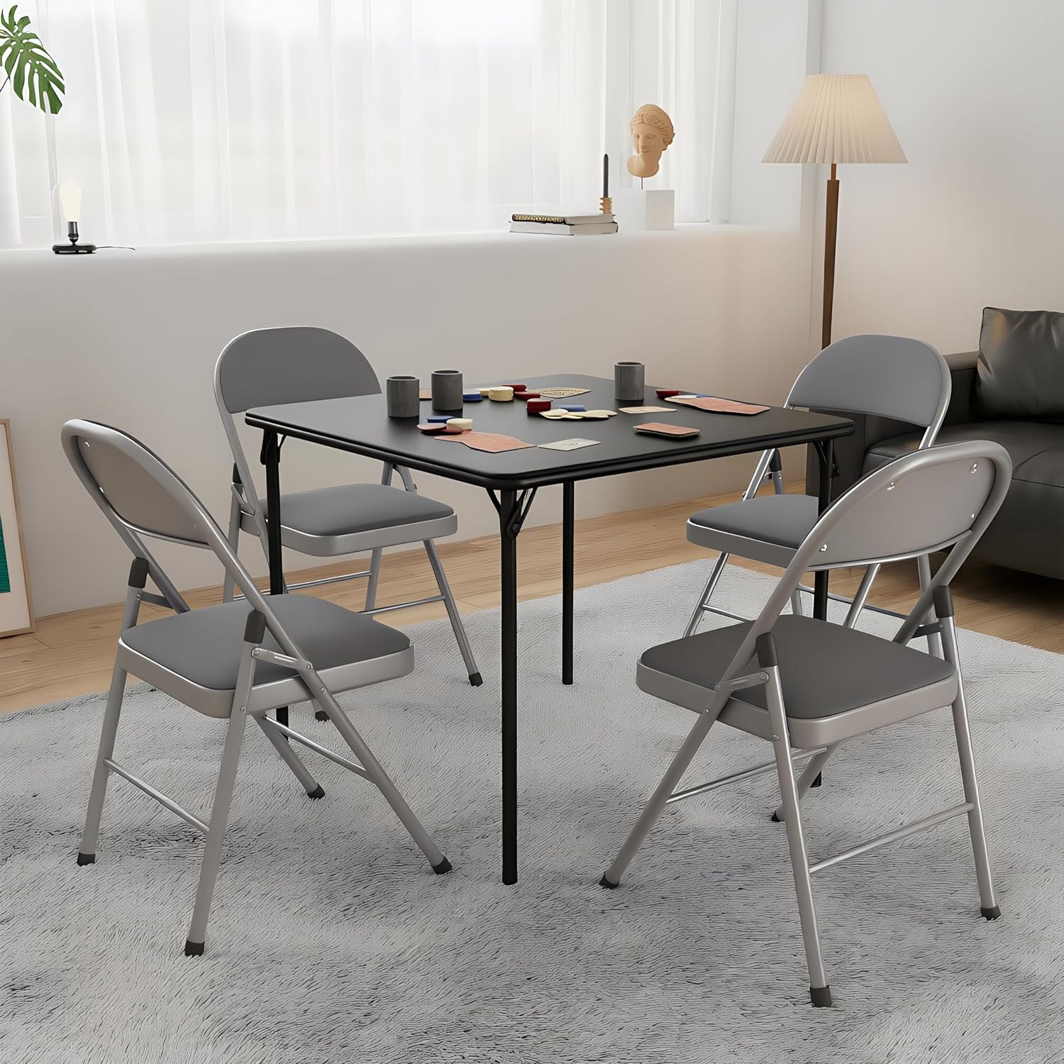 VECELO 5-Piece Folding Card Table Square and Chair Set with Collapsible Legs & Vinyl Upholstery,Portable for Indoor & Outdoor, Black & Dark Grey