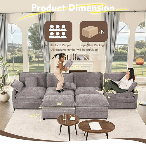142.5" U Shaped Couch, Modular Sectional Sofa, 3-Seater Comfy Cloud Couch, Set of Modular Pieces with Movable Ottoman, Deep Seat Couches for Living Room, Chenille, Slate