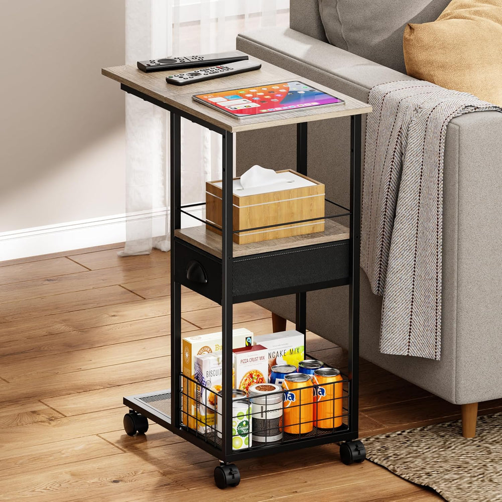Rolling C Shaped Side Table with Storage Drawer, Ivory Portable Desk on Wheel...