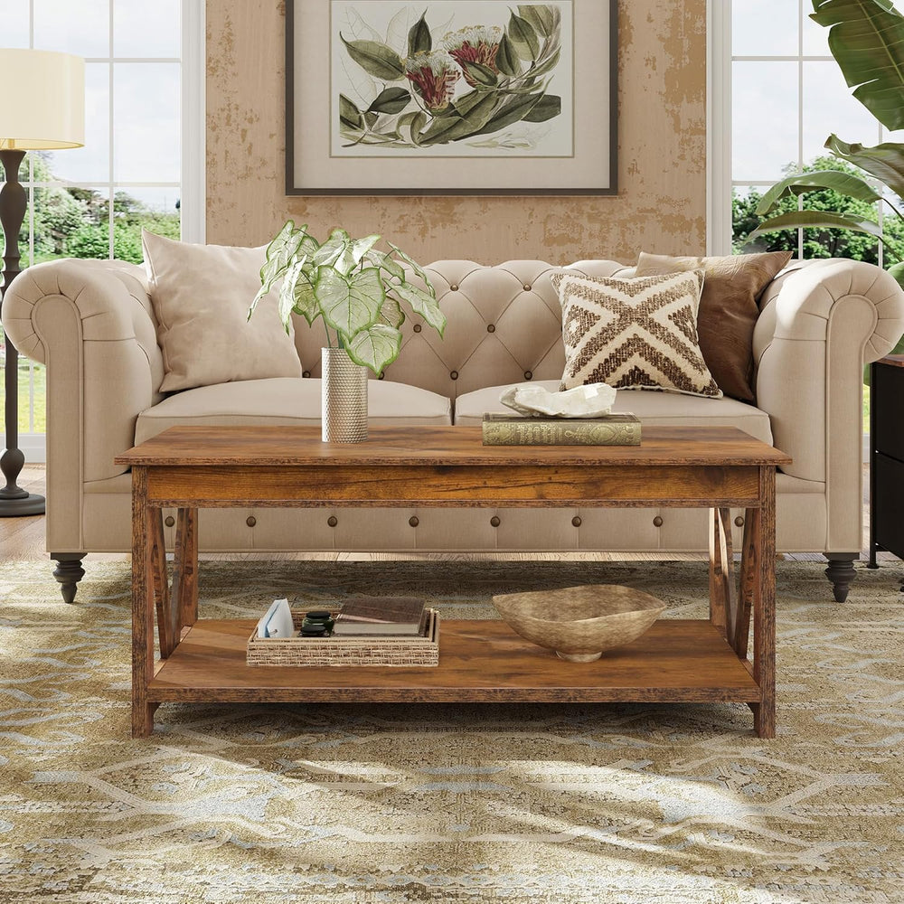 WLIVE Coffee Table, 43.3 Inch Farmhouse Table with Storage, Rustic Brown