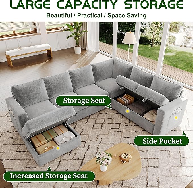 106.7" Sectional Sleeper Sofa with Pull Out Couch, Modern 7 Seat U Shaped Modular Couch, Sectionals Modular Sofa with Storage, Comfy Sectional Couches for Living Room & Apartment, Light Gray