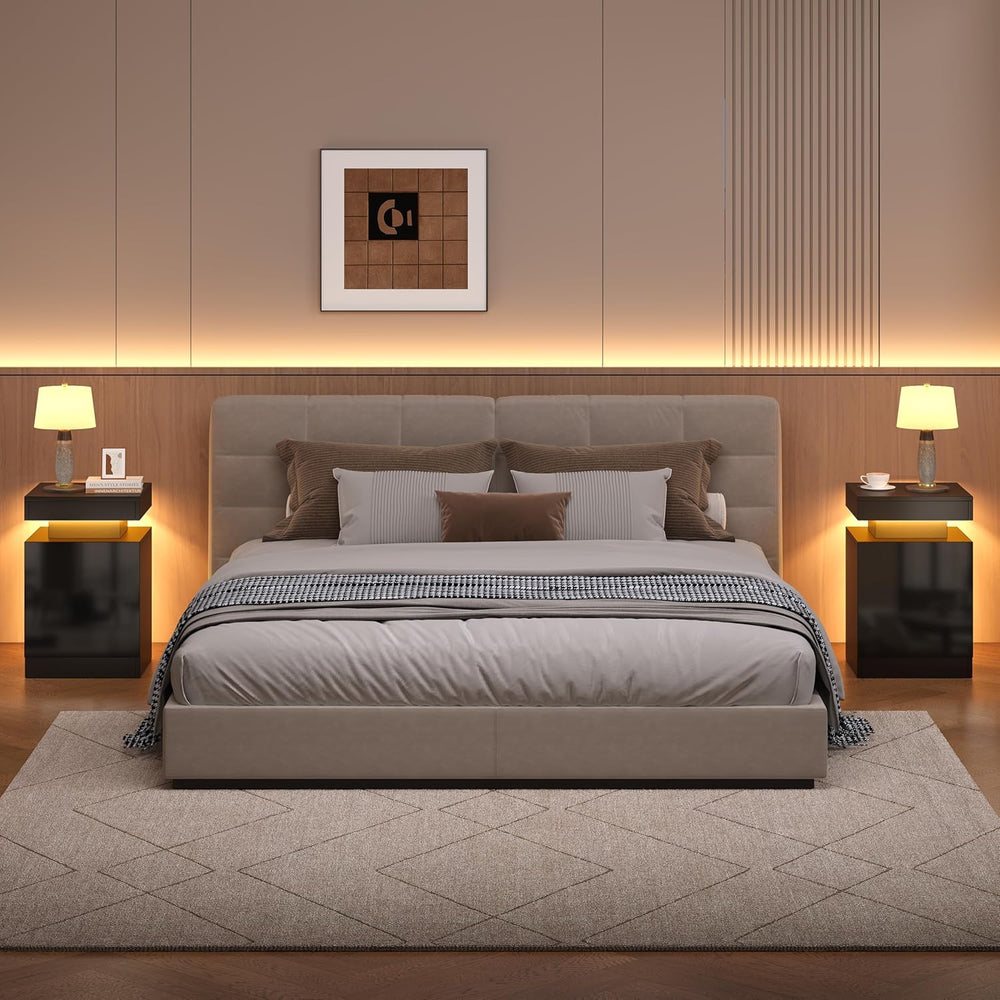 Nightstands Set 2, 15 Inches LED Night Stand Set of 2, Modern Bedside Table w...