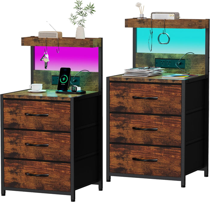 SZLHANJZ Nightstands Set of 2, LED Light and Charging Station, 3 Drawers
