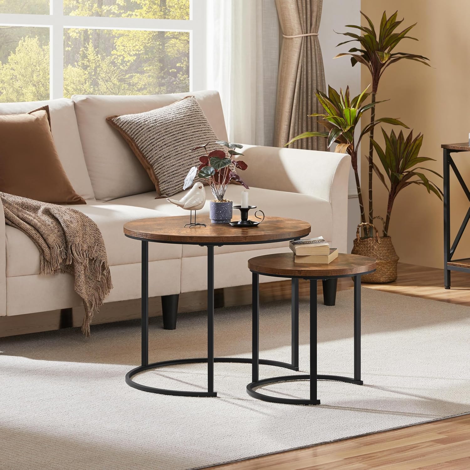 Yaheetech Small Round Nesting Coffee & Side Table Set of 2, Rustic Brown | Space-Saving Nesting Design, Engineered Wood Tops on Black Metal Frames, Use Apart as End Tables, Easy Assembly, 99 lb Max