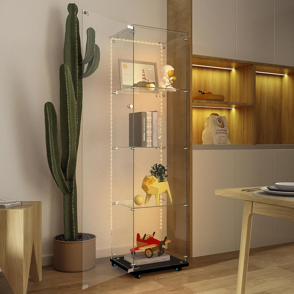 4-Shelf Glass Display Cabinet with LED Lights Strip and Lock, Curio Cabinets ...