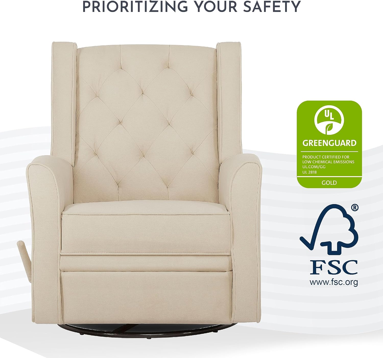 Evolur Linda Upholstered Plush Seating Swivel Glider in Shell, Greenguard Gold Certified, Modern Nursery Glider, Tool-Free Assembly