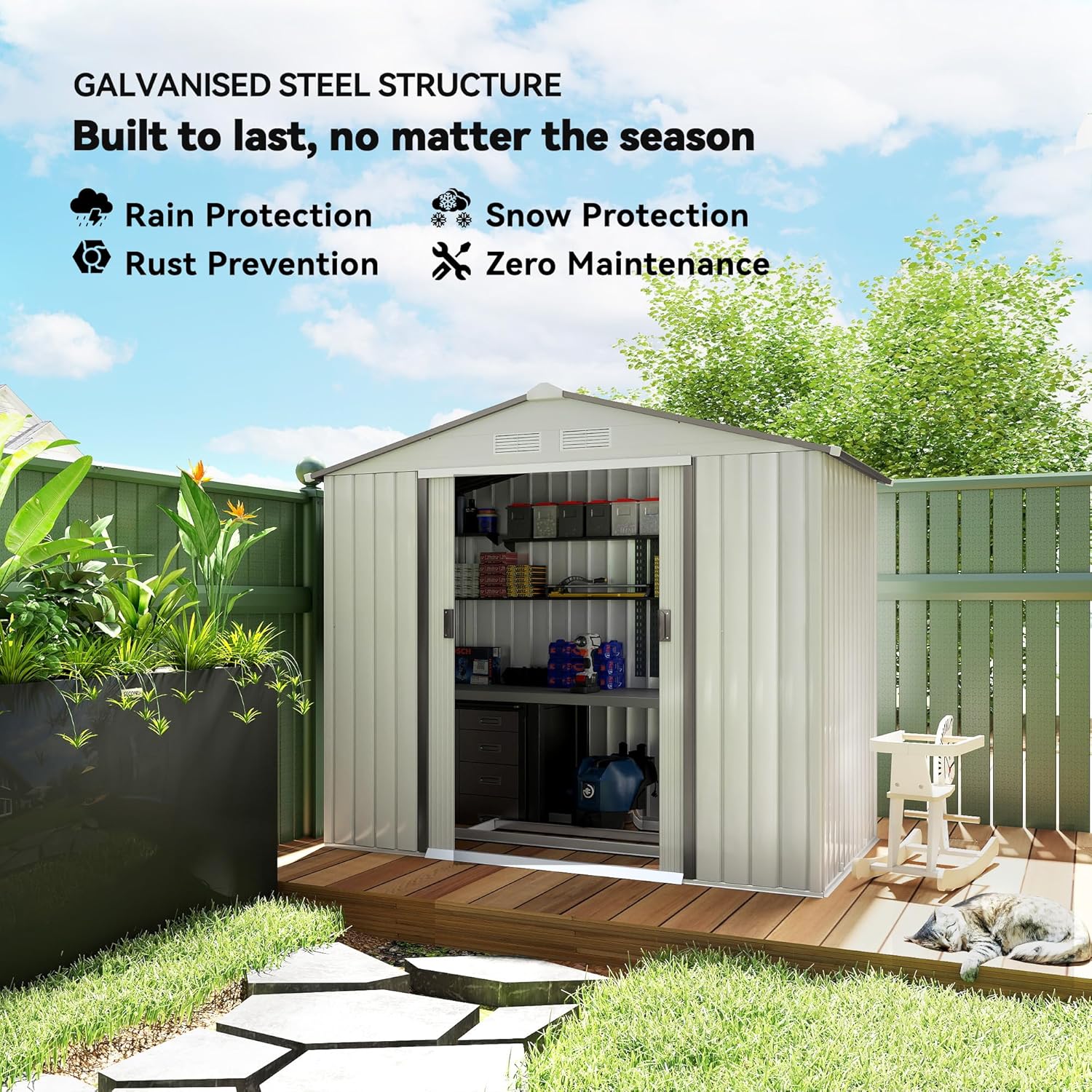 Outsunny 7' x 4' Outdoor Storage Shed, Garden Tool Metal Shed with Foundation Kit, Double Lockable Door, Air Vents and Sloping Roof, for Backyard, Patio, Lawn, White