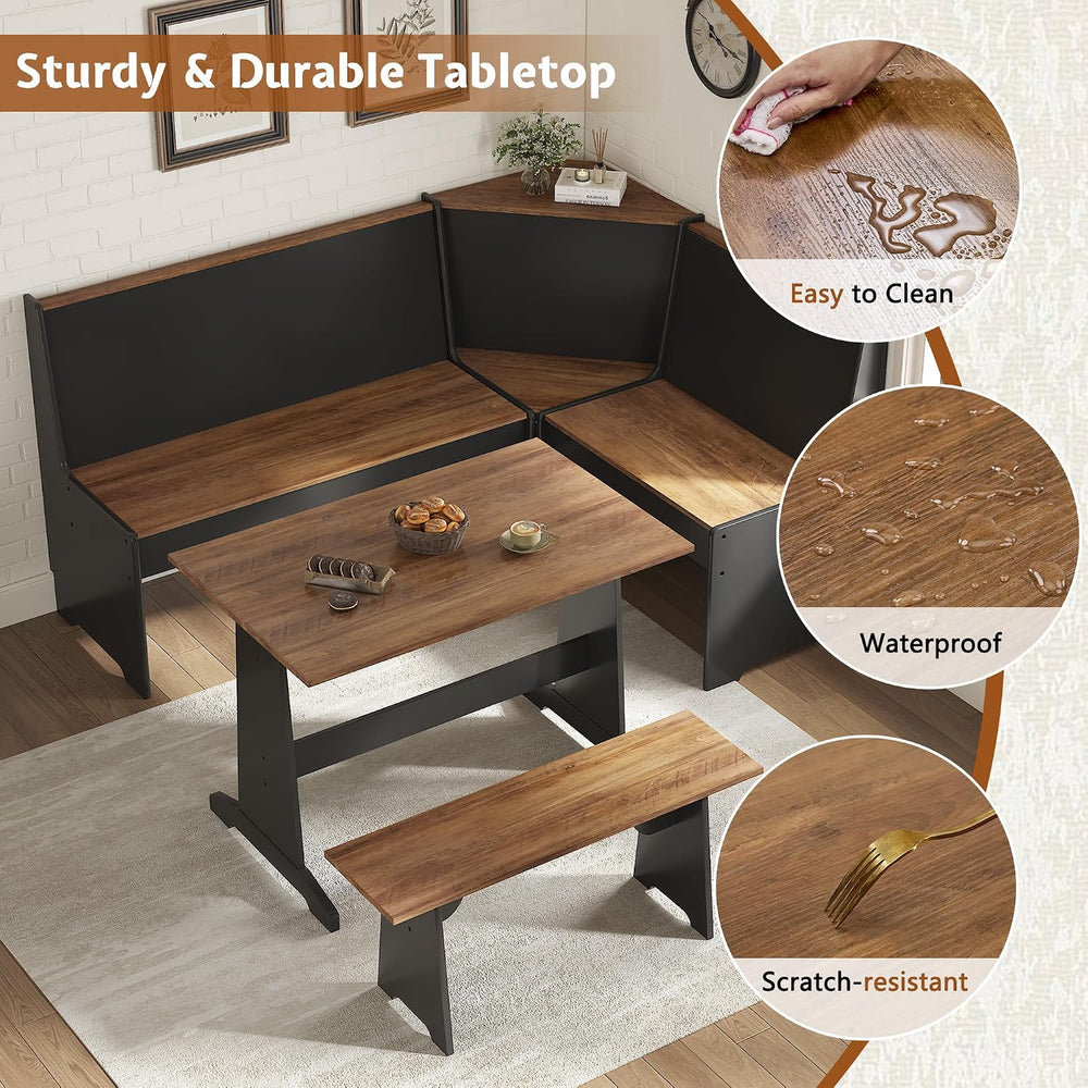 LUXOAK 3-Piece Corner Dining Set with Hidden Storage, Black Oak | Breakfast N...
