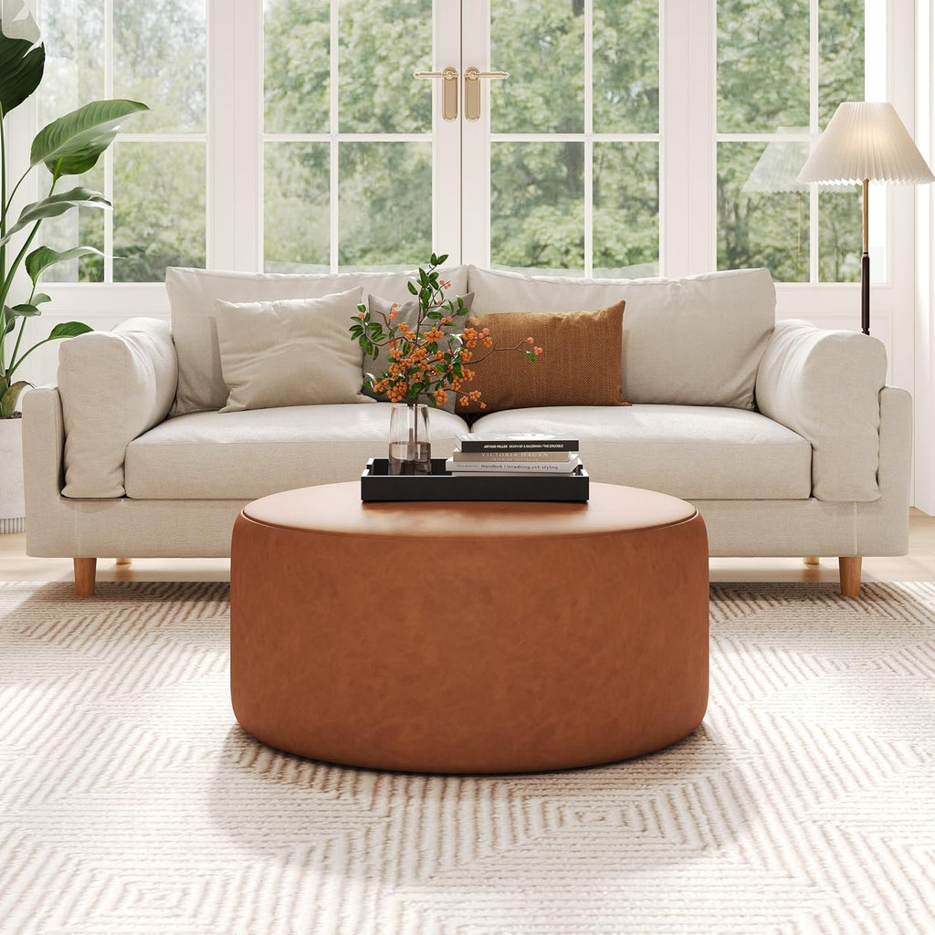 Christopher Knight Home GAVI PU Leather Ottoman Foot Stool, 30" Pouf Footstool Ottoman Seat, Upholstered Foot Chair, Round Footrest, Modern Side Table for Living Room Bedroom Home Decor, Cognac Brown